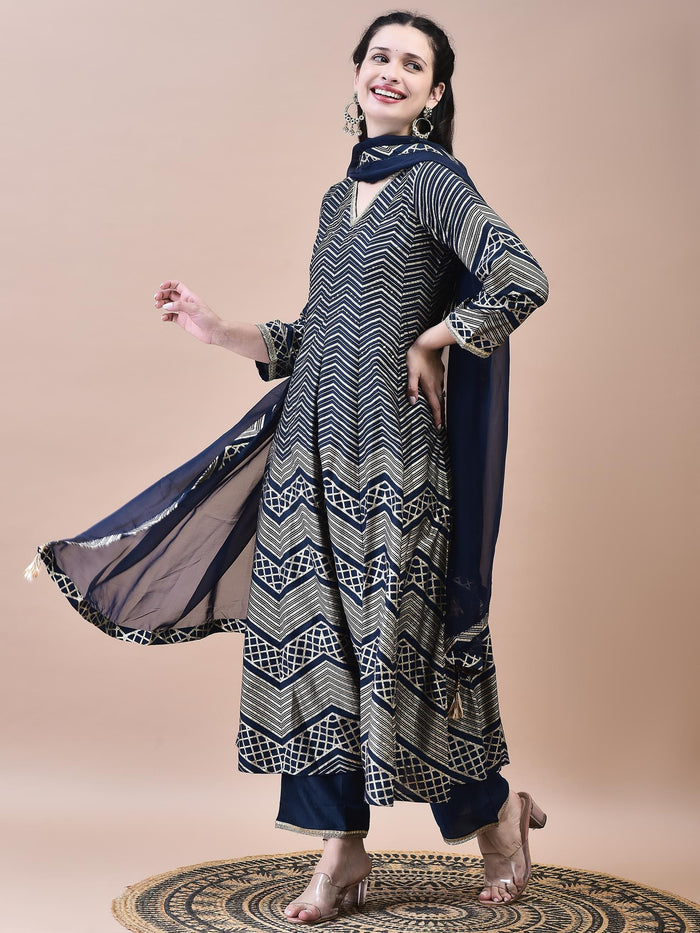 Women Samaira Navy Blue Geometric Print Kurta Comfort Pant Dupatta.