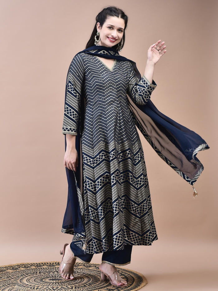 Women Samaira Navy Blue Geometric Print Kurta Comfort Pant Dupatta.