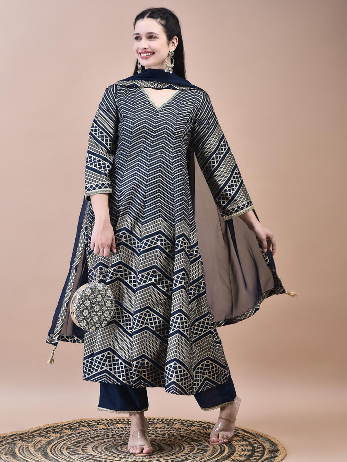 Women Samaira Navy Blue Geometric Print Kurta Comfort Pant Dupatta.