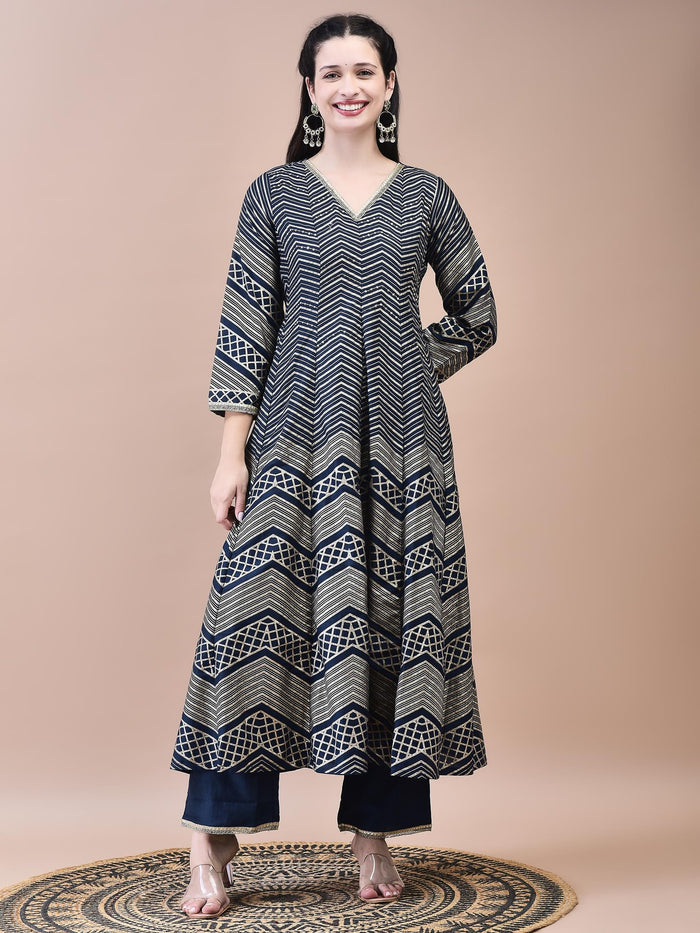 Women Samaira Navy Blue Geometric Print Kurta Comfort Pant Dupatta.