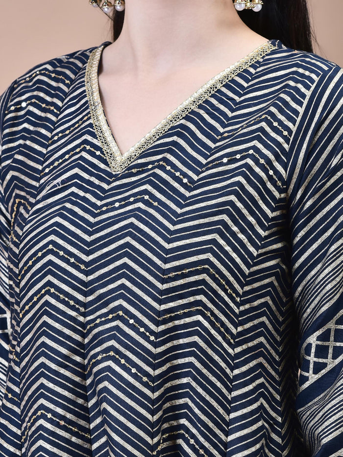 Women Samaira Navy Blue Geometric Print Kurta Comfort Pant Dupatta.