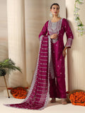 Women Satin Burgundy Embroidered Kurta Comfort Pant Dupatta.