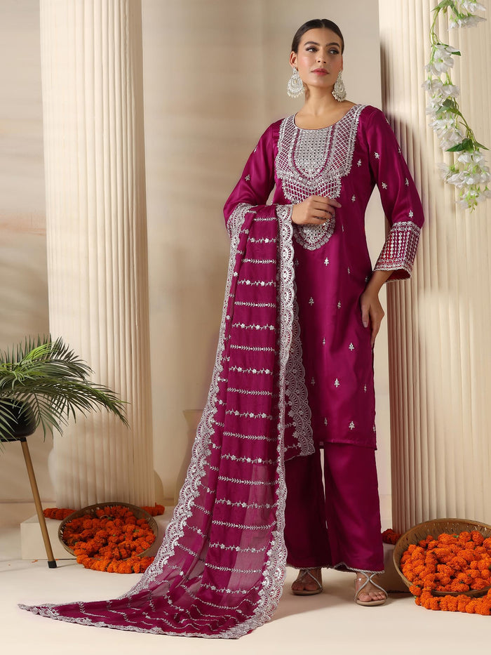 Women Satin Burgundy Embroidered Kurta Comfort Pant Dupatta.