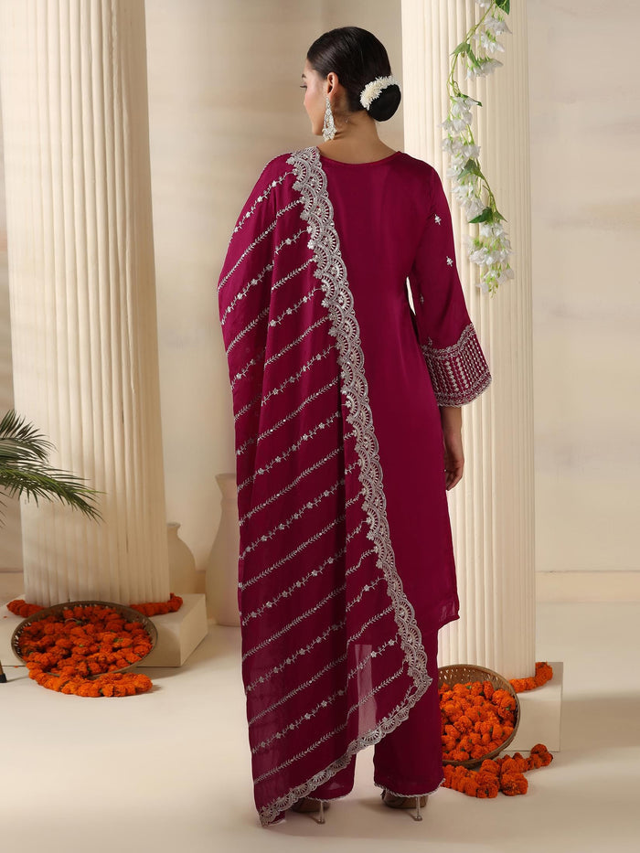 Women Satin Burgundy Embroidered Kurta Comfort Pant Dupatta.