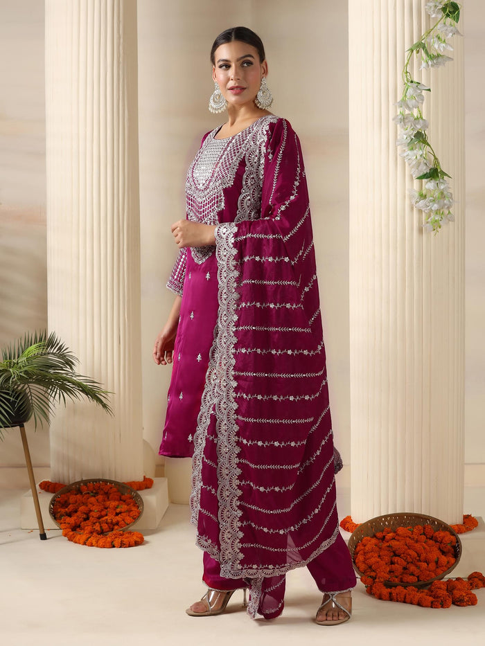 Women Satin Burgundy Embroidered Kurta Comfort Pant Dupatta.