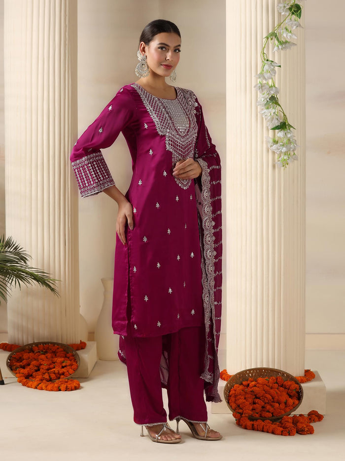 Women Satin Burgundy Embroidered Kurta Comfort Pant Dupatta.