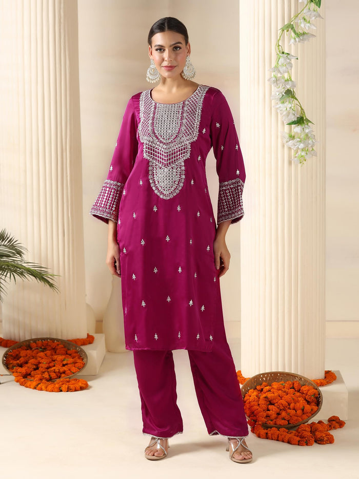 Women Satin Burgundy Embroidered Kurta Comfort Pant Dupatta.