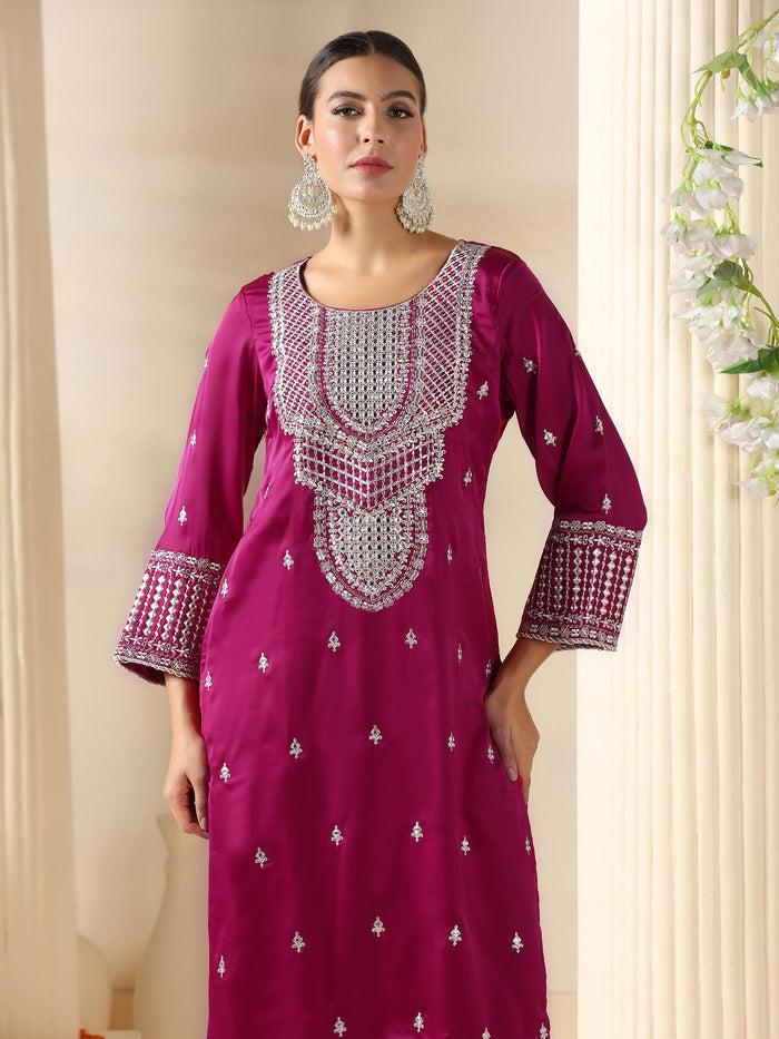 Women Satin Burgundy Embroidered Kurta Comfort Pant Dupatta.