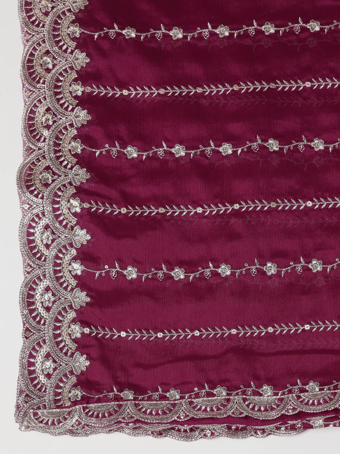 Women Satin Burgundy Embroidered Kurta Comfort Pant Dupatta.