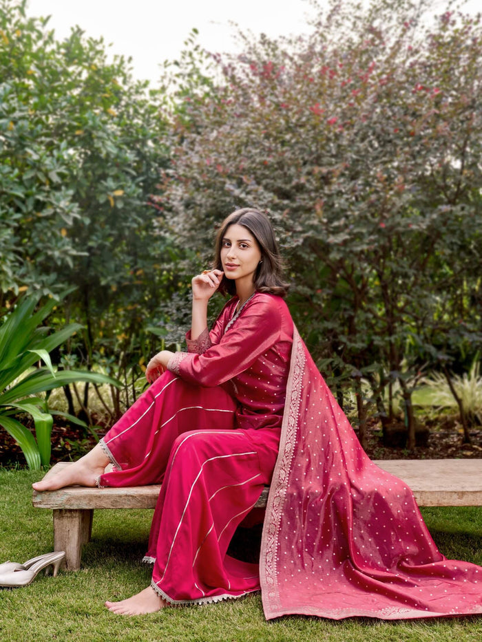 Women Shimmer Dola Candy Pink Kurta Sharara Dupatta.
