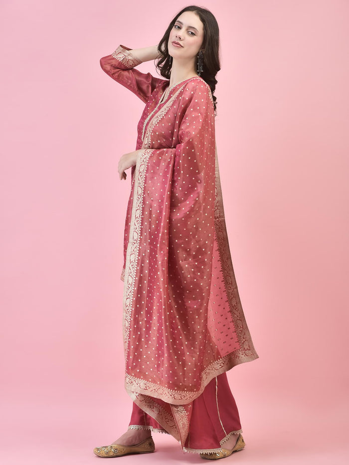 Women Shimmer Dola Candy Pink Kurta Sharara Dupatta.