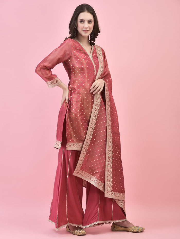Women Shimmer Dola Candy Pink Kurta Sharara Dupatta.