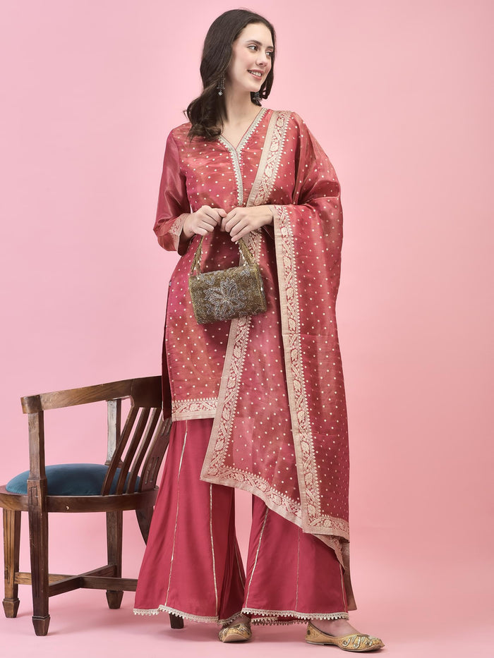 Women Shimmer Dola Candy Pink Kurta Sharara Dupatta.