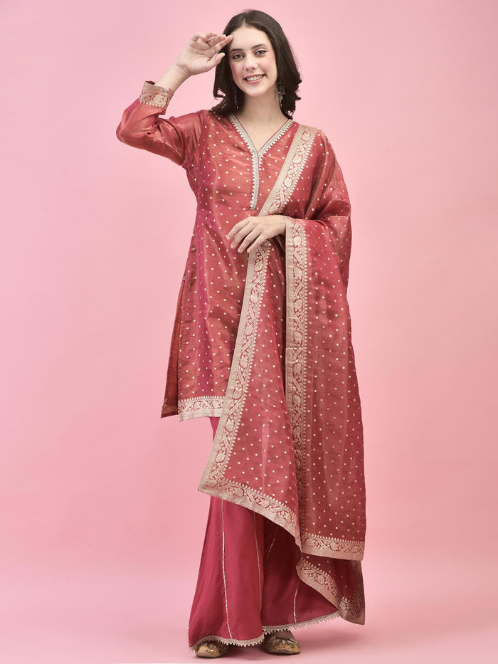 Women Shimmer Dola Candy Pink Kurta Sharara Dupatta.