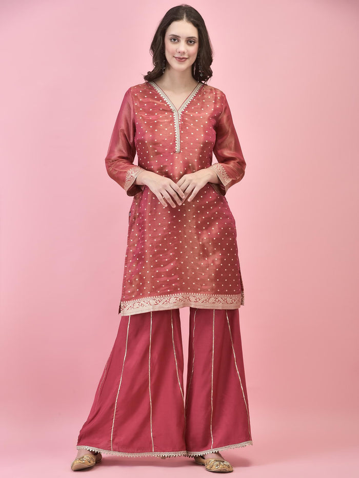 Women Shimmer Dola Candy Pink Kurta Sharara Dupatta.
