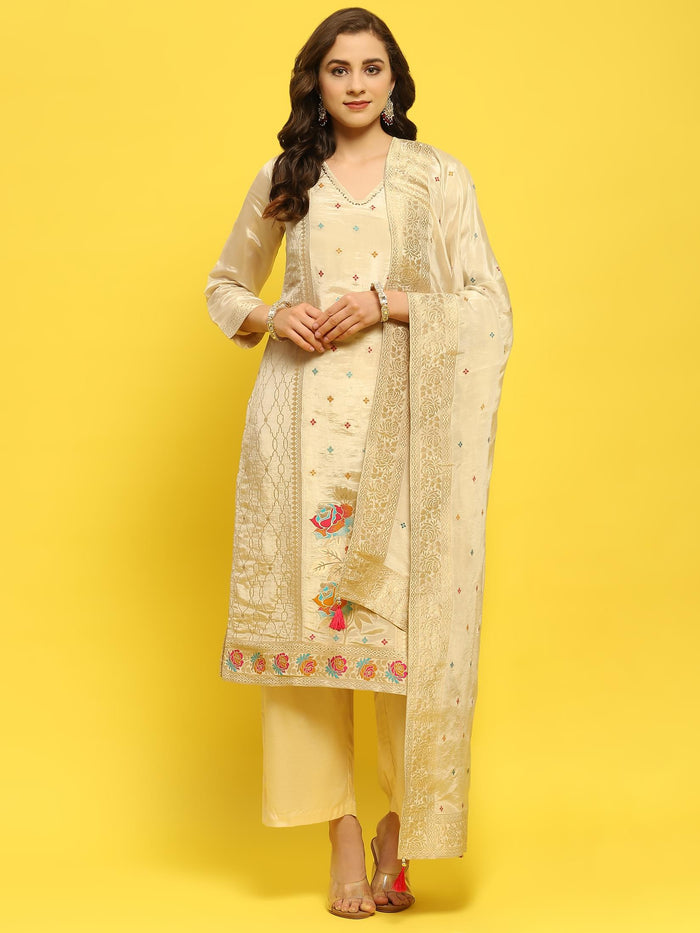 Women Silk Beige Woven Kurta Comfort Pant Dupatta.