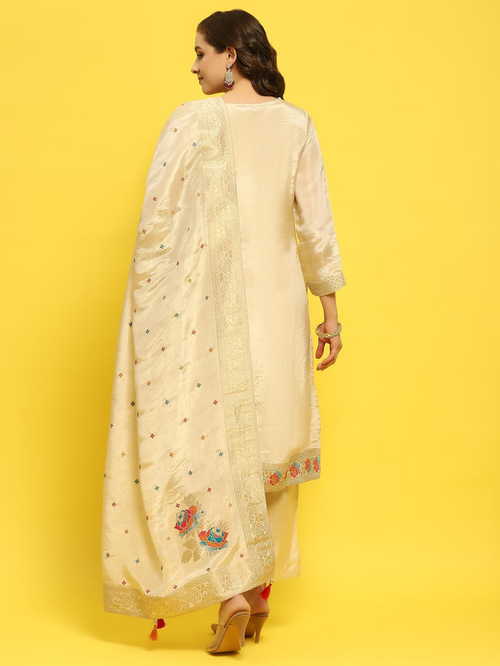 Women Silk Beige Woven Kurta Comfort Pant Dupatta.
