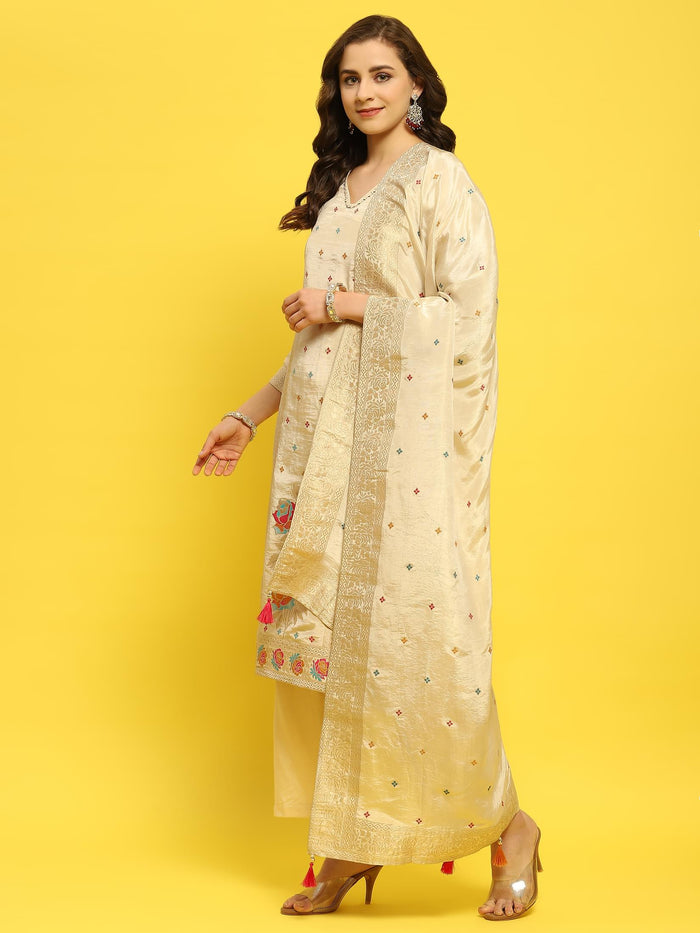 Women Silk Beige Woven Kurta Comfort Pant Dupatta.