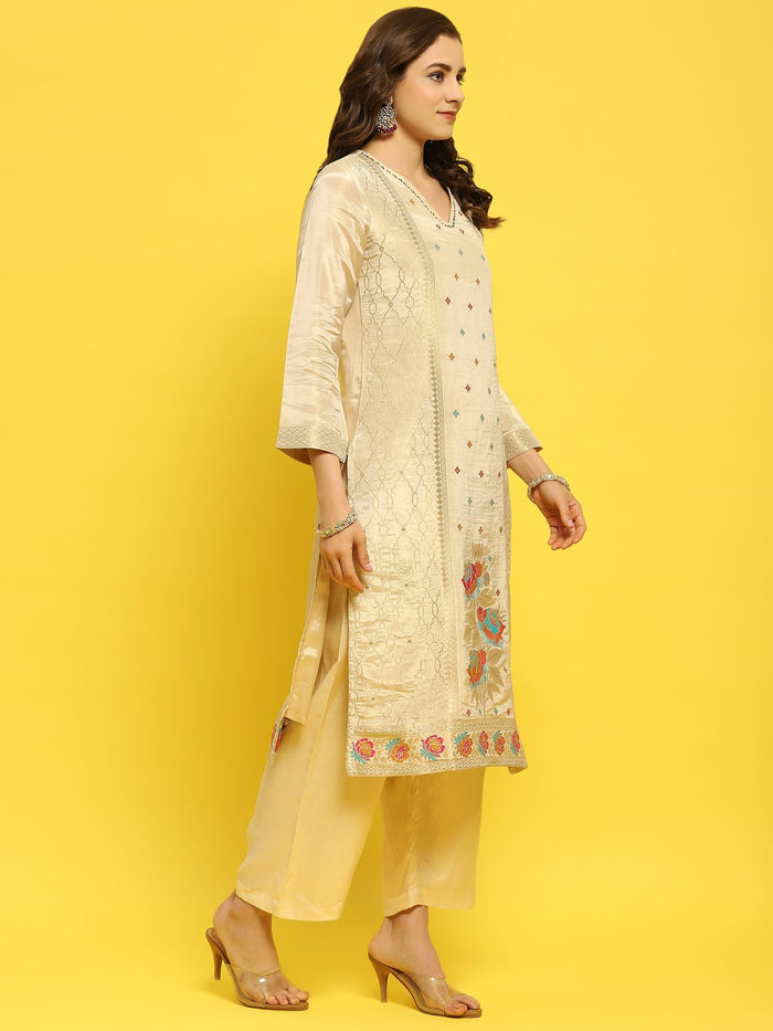 Women Silk Beige Woven Kurta Comfort Pant Dupatta.
