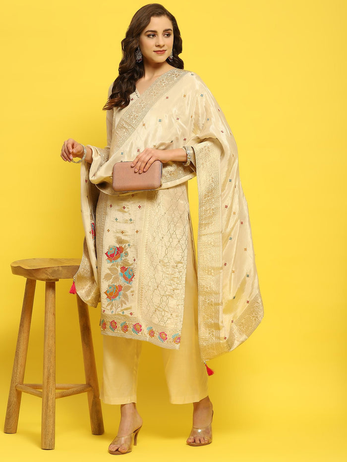 Women Silk Beige Woven Kurta Comfort Pant Dupatta.