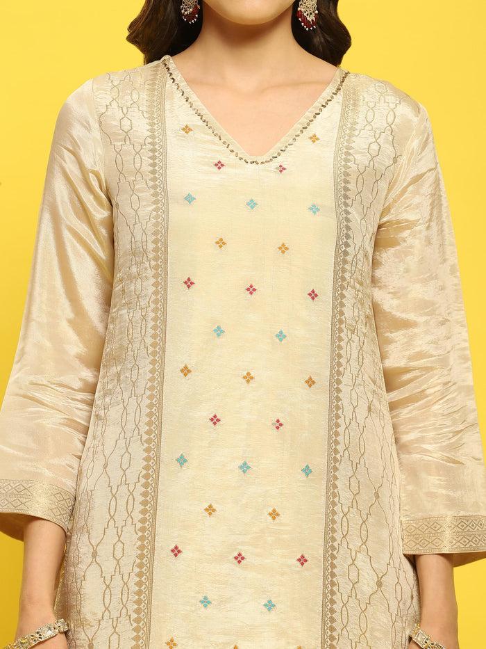 Women Silk Beige Woven Kurta Comfort Pant Dupatta.