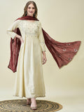 Women Silk Blend Beige Embroidered Dress With Dupatta.
