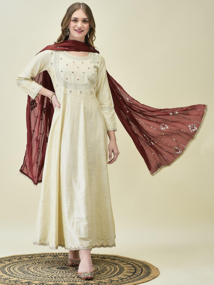 Women Silk Blend Beige Embroidered Dress With Dupatta.