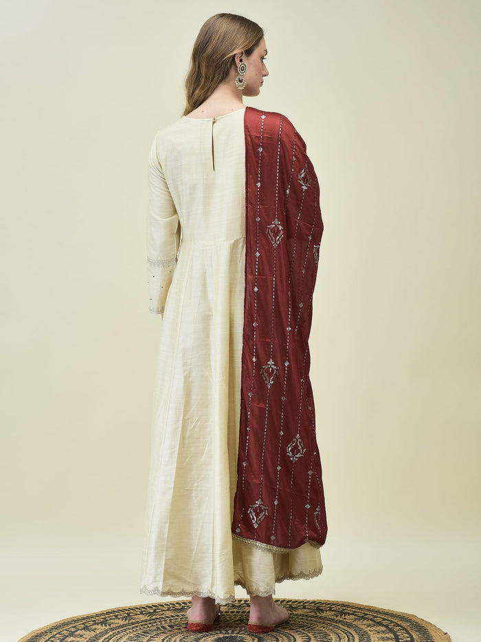 Women Silk Blend Beige Embroidered Dress With Dupatta.
