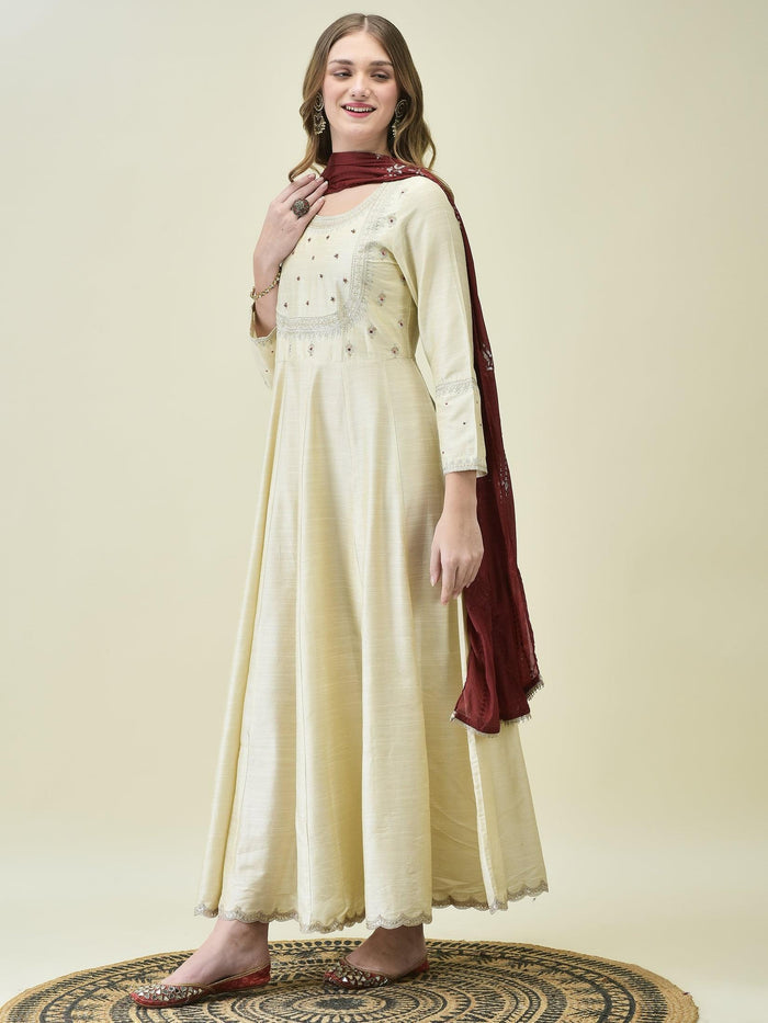 Women Silk Blend Beige Embroidered Dress With Dupatta.