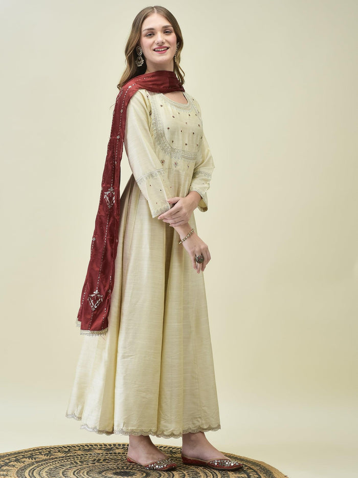 Women Silk Blend Beige Embroidered Dress With Dupatta.