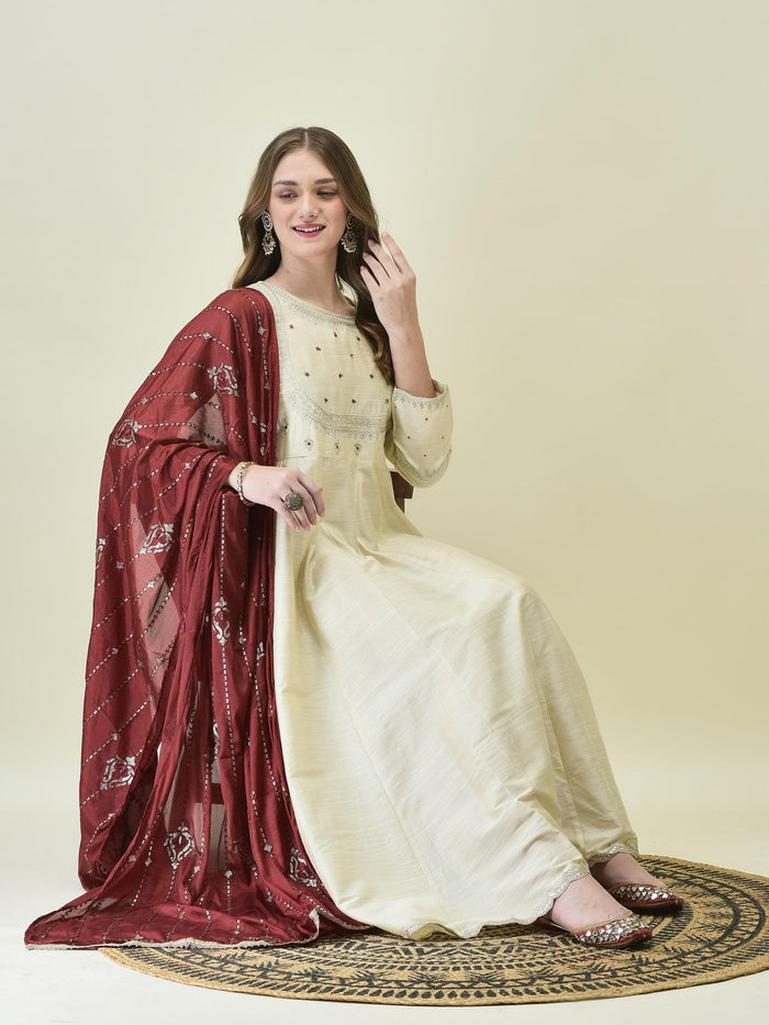 Women Silk Blend Beige Embroidered Dress With Dupatta.