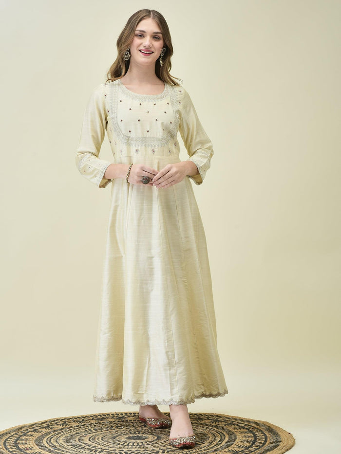 Women Silk Blend Beige Embroidered Dress With Dupatta.