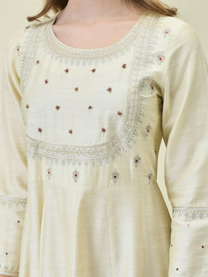Women Silk Blend Beige Embroidered Dress With Dupatta.
