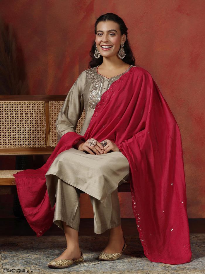 Women Silk Blend Beige Embroidered Kurta Comfort Pant Dupatta.