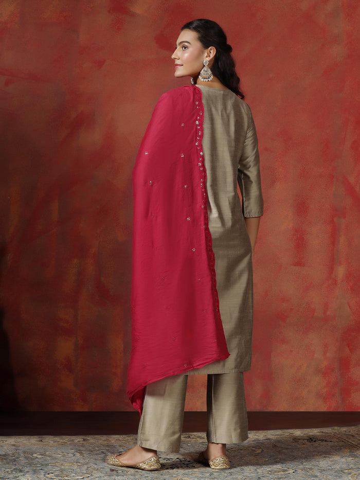 Women Silk Blend Beige Embroidered Kurta Comfort Pant Dupatta.
