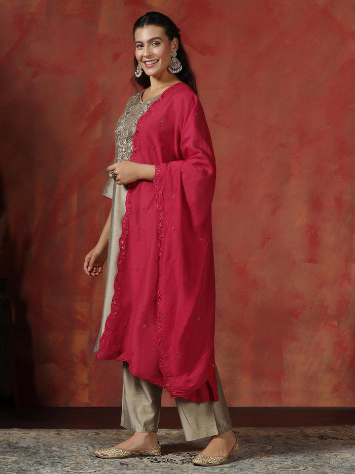 Women Silk Blend Beige Embroidered Kurta Comfort Pant Dupatta.