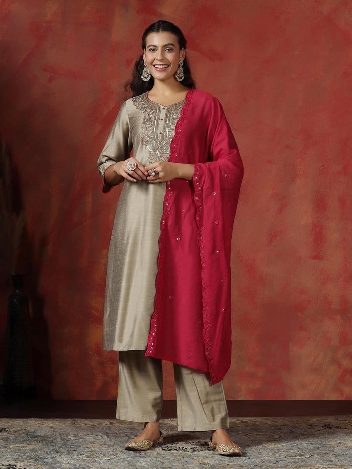 Women Silk Blend Beige Embroidered Kurta Comfort Pant Dupatta.
