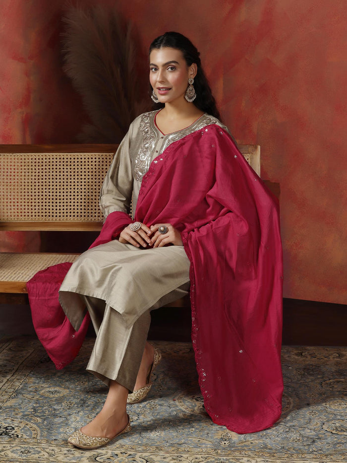 Women Silk Blend Beige Embroidered Kurta Comfort Pant Dupatta.