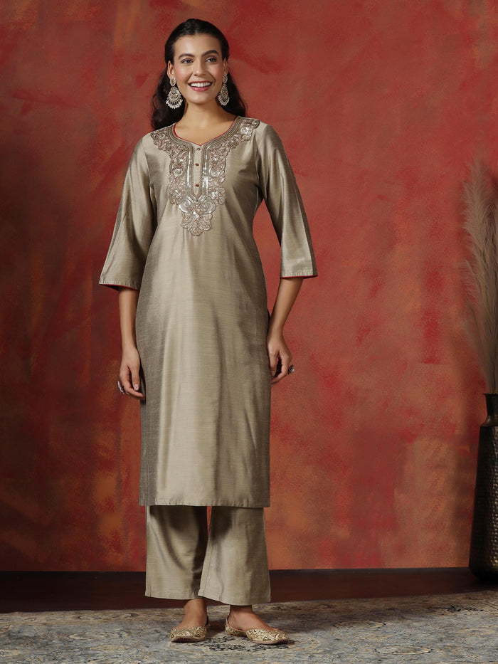 Women Silk Blend Beige Embroidered Kurta Comfort Pant Dupatta.