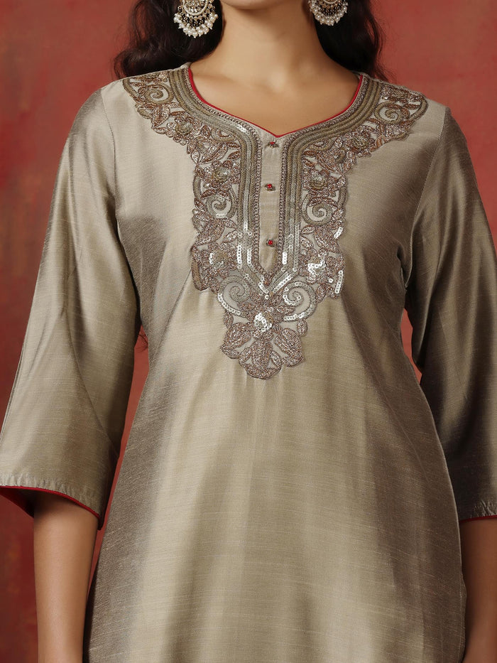 Women Silk Blend Beige Embroidered Kurta Comfort Pant Dupatta.
