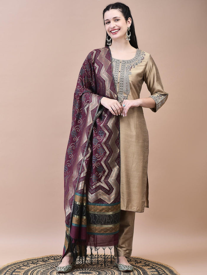 Women Silk Blend Beige Embroidered Kurta Trouser Jacquard Dupatta.