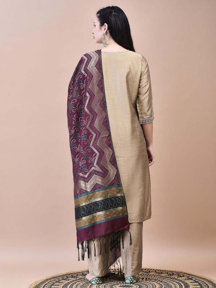 Women Silk Blend Beige Embroidered Kurta Trouser Jacquard Dupatta.