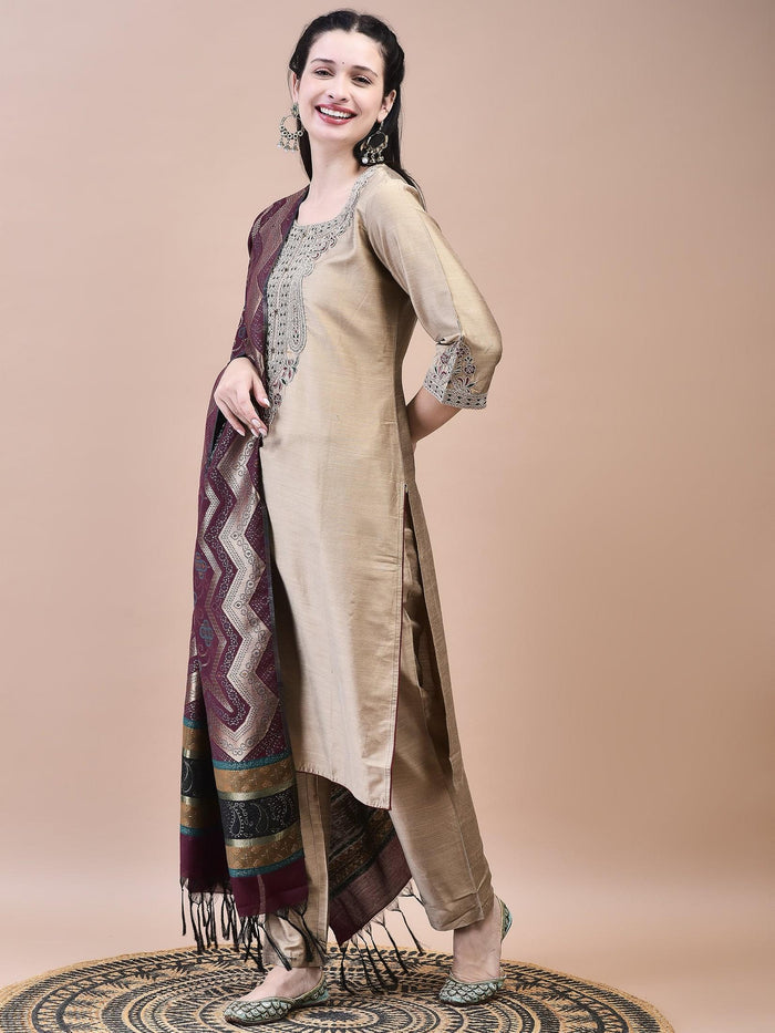 Women Silk Blend Beige Embroidered Kurta Trouser Jacquard Dupatta.