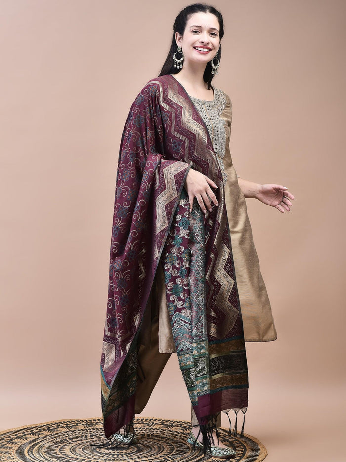 Women Silk Blend Beige Embroidered Kurta Trouser Jacquard Dupatta.