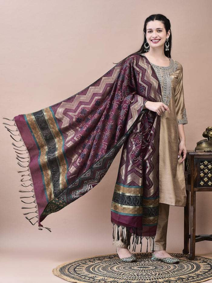 Women Silk Blend Beige Embroidered Kurta Trouser Jacquard Dupatta.