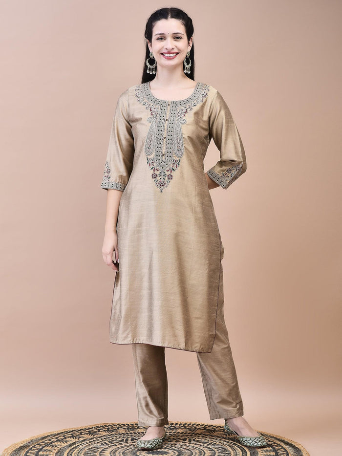 Women Silk Blend Beige Embroidered Kurta Trouser Jacquard Dupatta.