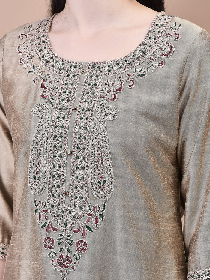 Women Silk Blend Beige Embroidered Kurta Trouser Jacquard Dupatta.