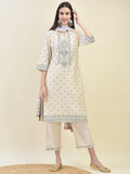 Women Silk Blend Beige Ornamental Print Kurta Comfort Pant Dupatta.