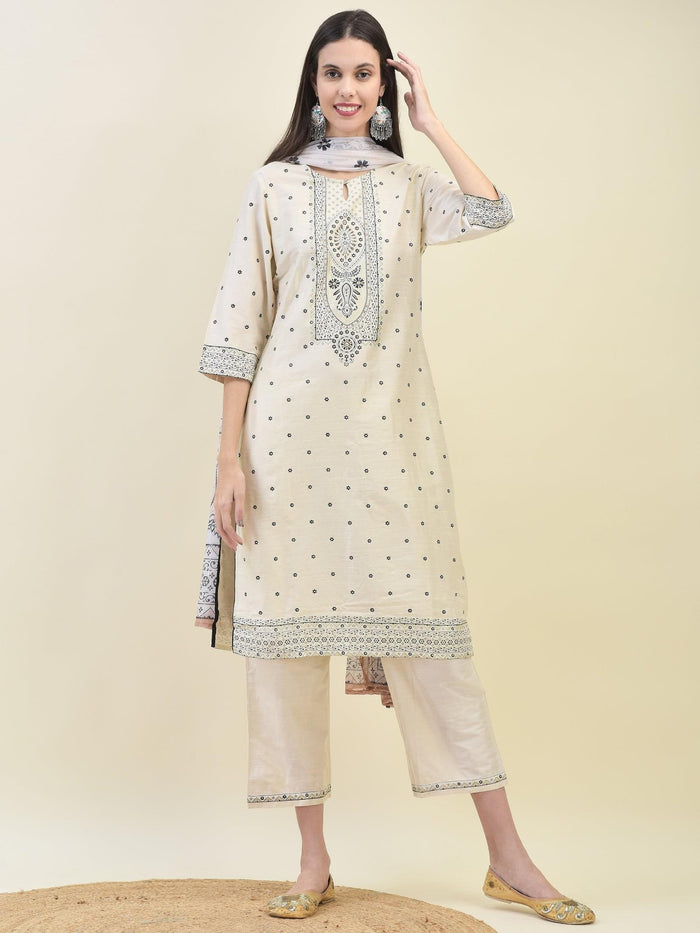 Women Silk Blend Beige Ornamental Print Kurta Comfort Pant Dupatta.