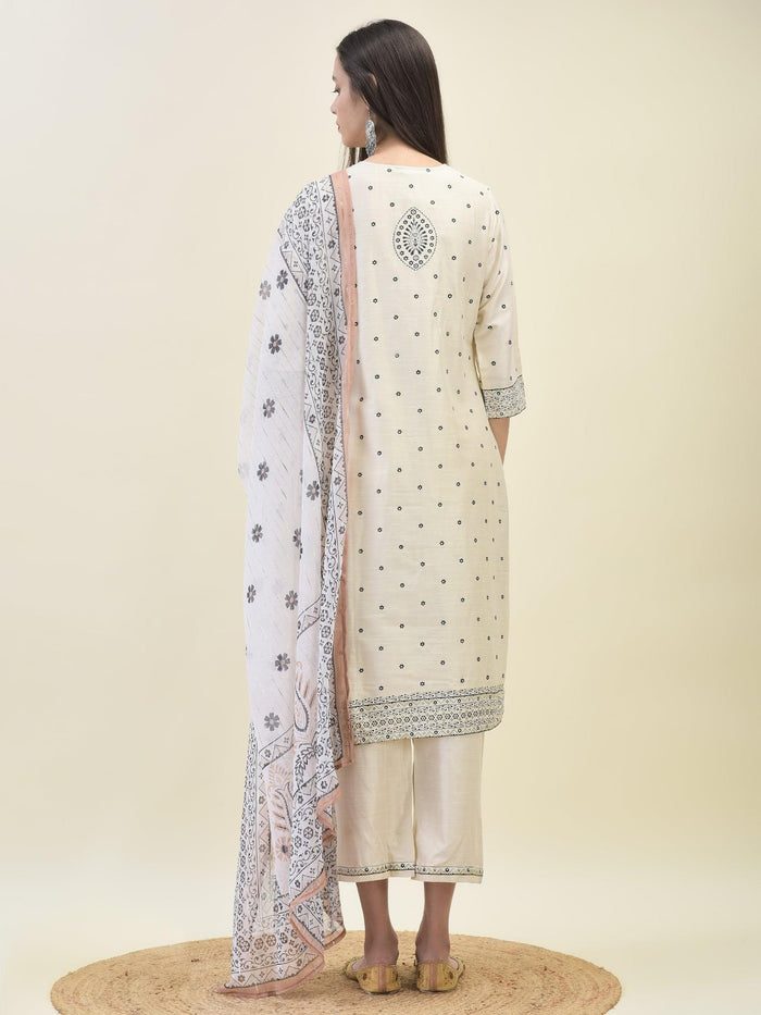 Women Silk Blend Beige Ornamental Print Kurta Comfort Pant Dupatta.